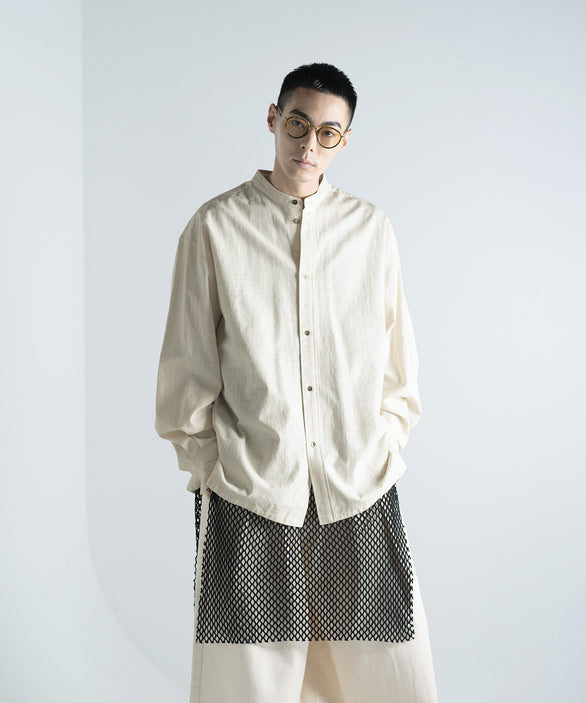 サイドスリット スタンドカラーセミロング オーバーシャツ