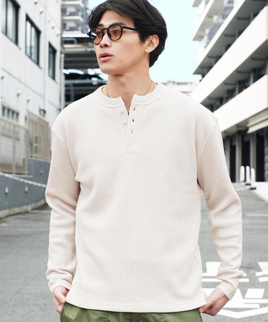ワッフルサーマルロンT ヘンリーネック
