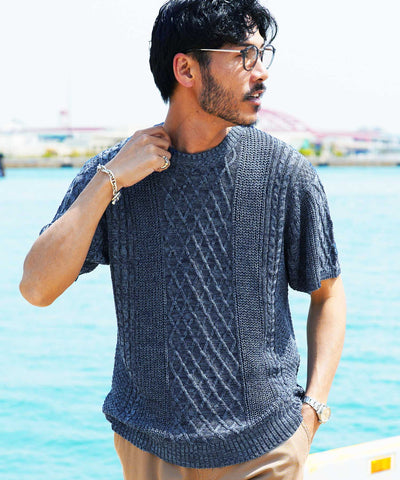 サマーアランニット│メンズ サマーニット 春夏服 ブラック ホワイト ベージュ サーフ系 キレイめ JIGGYSSHOP