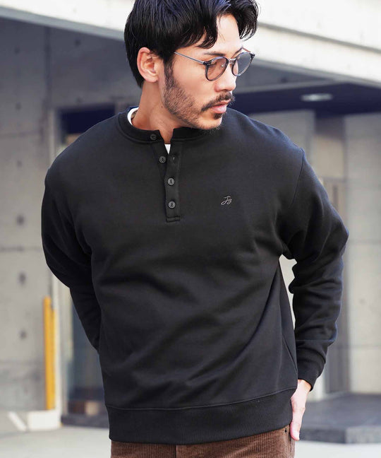 裏起毛 ヘンリーネックスウェット│暖かい トレーナー ボタン ワンポイント ゆったり メンズ