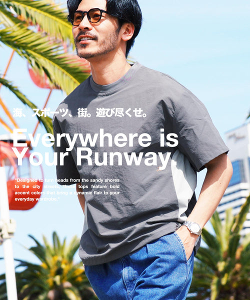 ナイロンシャカシャカ サイドメッシュ切替ドローコードTシャツ │ メンズ Tシャツ 半袖 ドローコード ナイロン 切替デザイン サイドメッシュ 通気性 軽量 接触冷感 速乾 涼しい アクティブ スポーティー ストリート 夏 夏服
