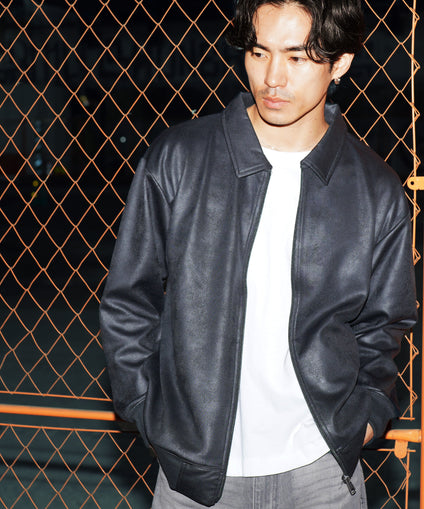 ストレッチフェイクレザージャージブルゾンの画像