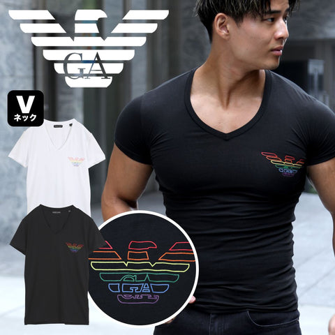 エンポリオ アルマーニ EMPORIO ARMANI RAINBOW LOGO  メンズ Vネック 半袖 Tシャツ OUTLET SALE_F